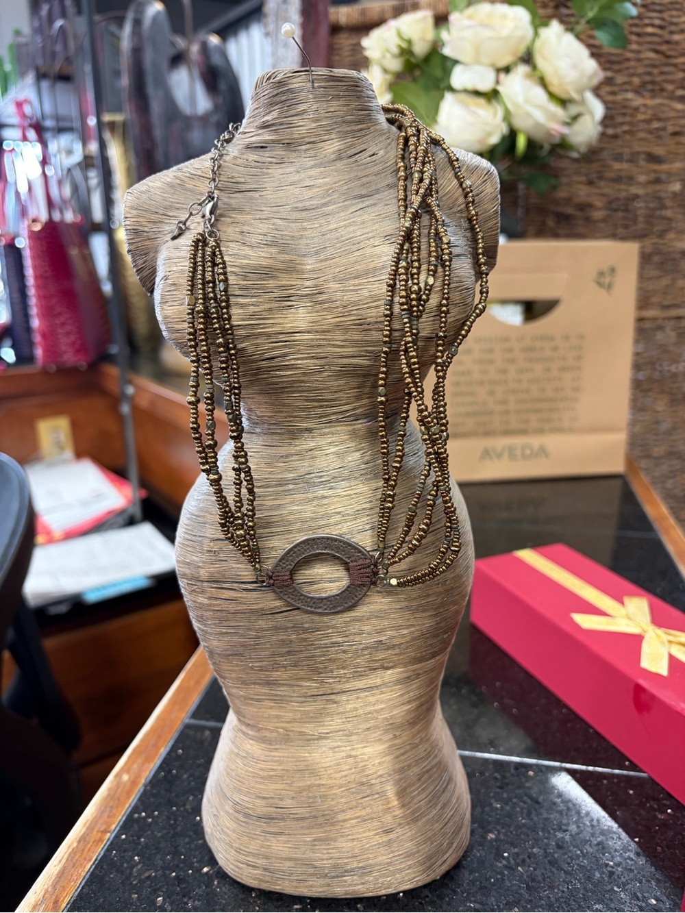 Multi-Strand Brown Beaded Necklace with Circular Pendant - Women Jewelry